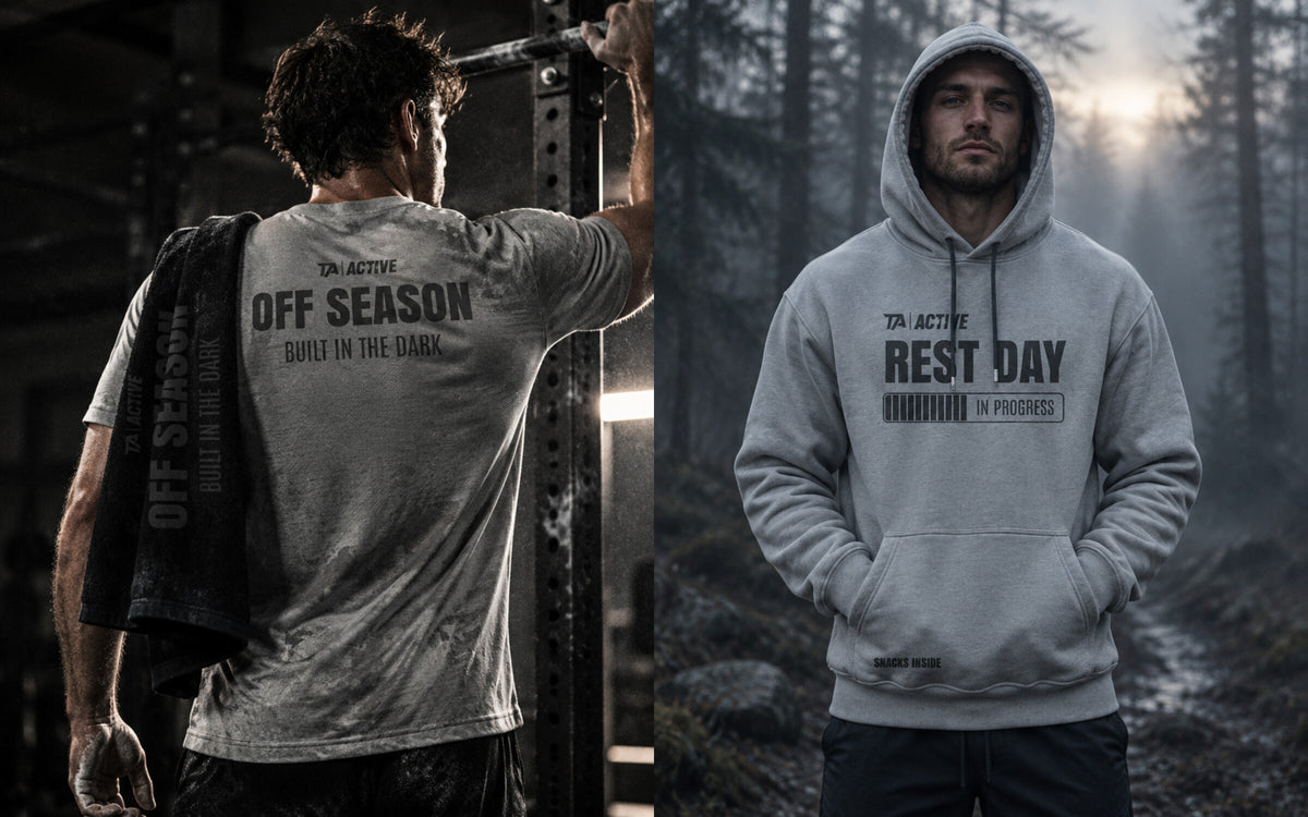 Off Season Combo: majica Built in the Dark in hoodie Rest Day na treningu in v naravi